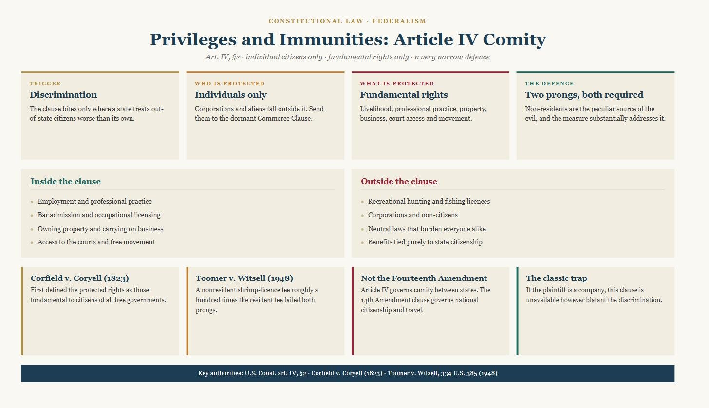 Diagram of the Article IV Privileges and Immunities Clause showing the discrimination trigger, the individuals-only limit, the fundamental rights covered and the two-prong justification defence