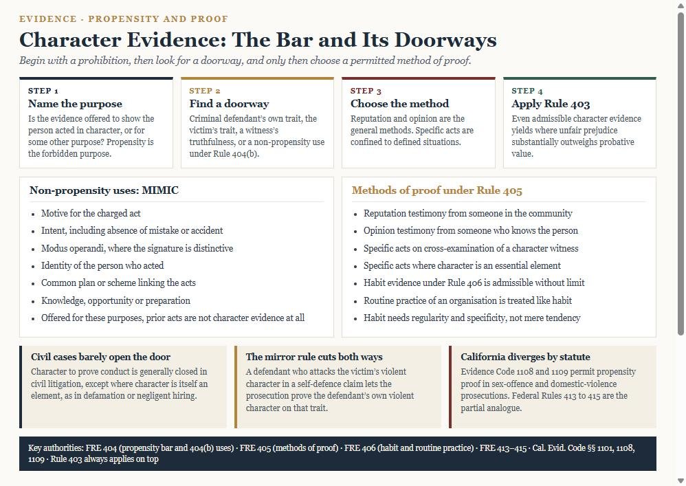 Diagram of the character evidence rules showing the propensity bar, the doorways in criminal cases, the MIMIC non-propensity uses, the methods of proof under Rule 405, and three common traps