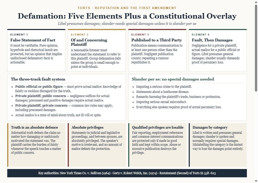 Diagram of the defamation cause of action showing the elements false statement of fact, of and concerning the plaintiff, publication to a third party, and fault plus damages, with panels on the three-track constitutional fault system and the four slander per se categories, plus cards on truth, absolute privileges, qualified privileges and the libel versus slander damages split.