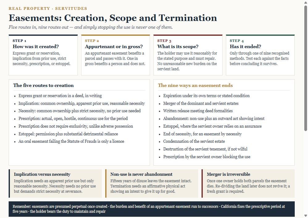 Diagram of easements showing the five routes to creation, the appurtenant versus in gross distinction, the scope and repair rules, and the nine methods of termination