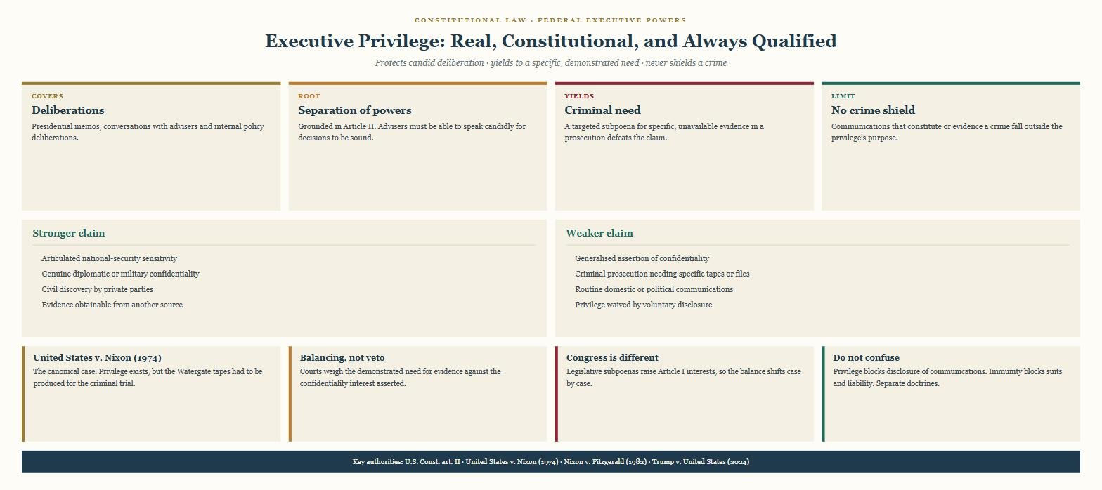 Executive privilege diagram showing what the privilege covers, its separation-of-powers root, when it yields to criminal need, and which claims are stronger or weaker
