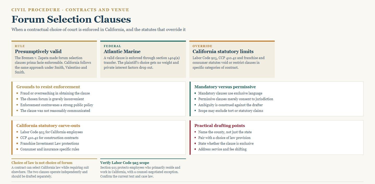 Diagram of forum selection clauses showing the Bremen presumption, Atlantic Marine transfer, grounds to resist enforcement and California statutory carve-outs