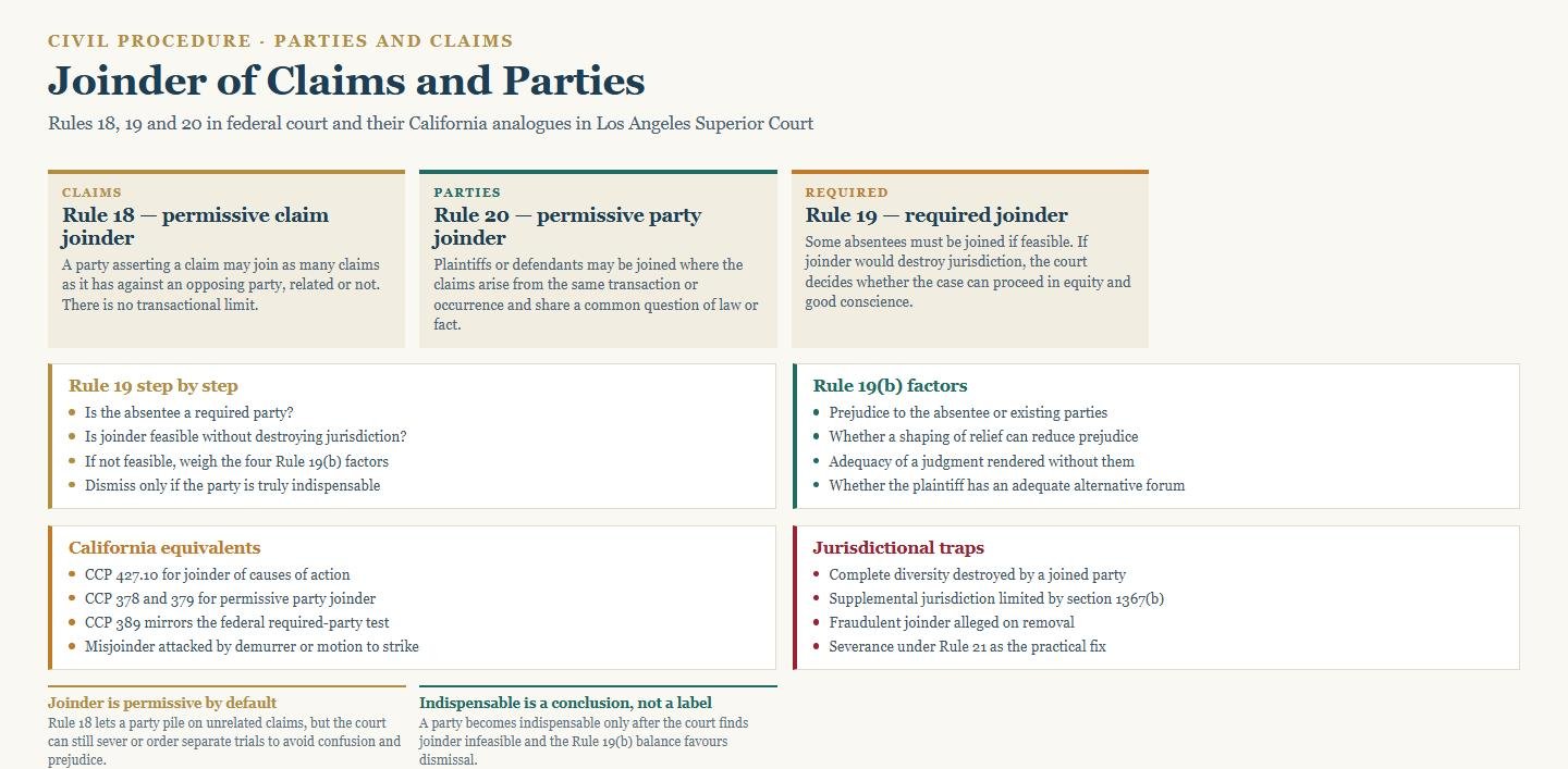 Diagram of joinder of claims and parties showing Rule 18, Rule 19, Rule 20, the Rule 19(b) factors and California Code of Civil Procedure equivalents
