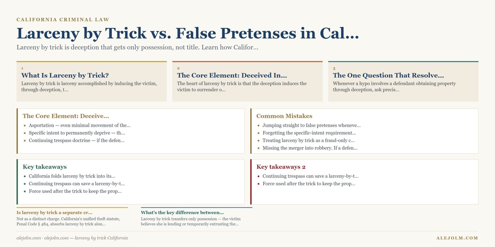 Diagram summarising larceny by trick California under California and federal law
