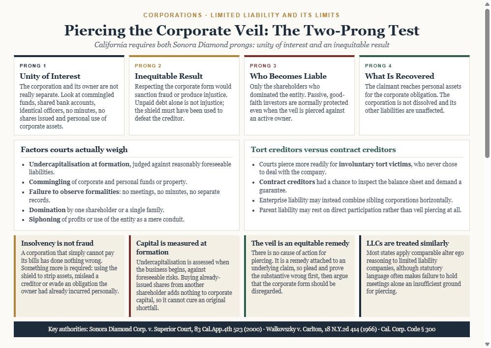 Diagram of the two-prong alter ego test for piercing the corporate veil: unity of interest, inequitable result, which shareholders become liable and what is recovered, with panels on the factors courts weigh such as undercapitalisation, commingling and failure to observe formalities, and on the difference between tort and contract creditors, plus cards on insolvency, capitalisation timing, the equitable nature of the remedy and LLCs.