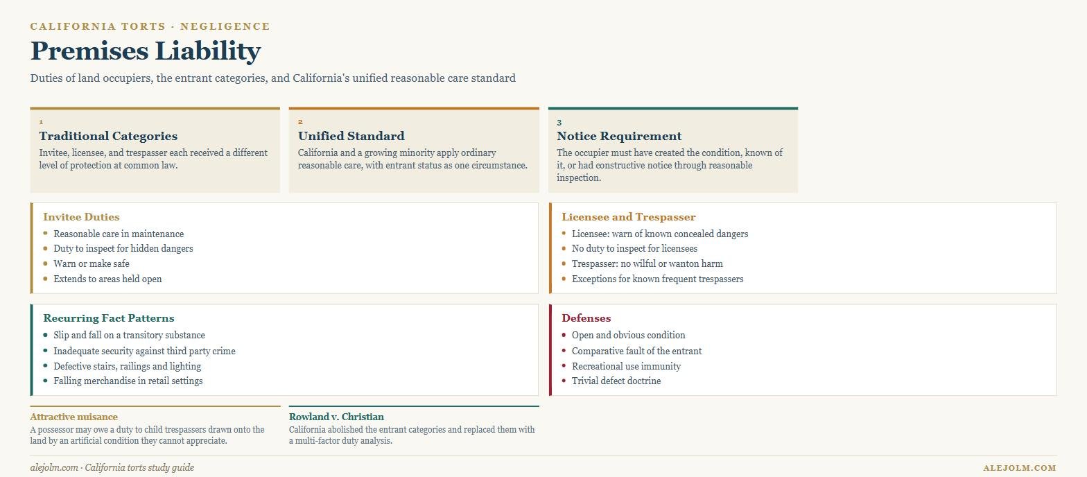 Diagram of premises liability in California showing the traditional entrant categories, the unified reasonable care standard, invitee and licensee duties, recurring fact patterns and defenses