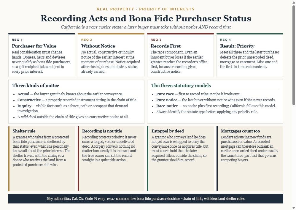 Diagram of the three race-notice recording act requirements: purchaser for value, without actual constructive or inquiry notice, and records first, with panels on the three kinds of notice and the pure race, pure notice and race-notice statutory models, plus cards on the shelter rule, forged deeds, estoppel by deed and mortgages as purchasers for value.