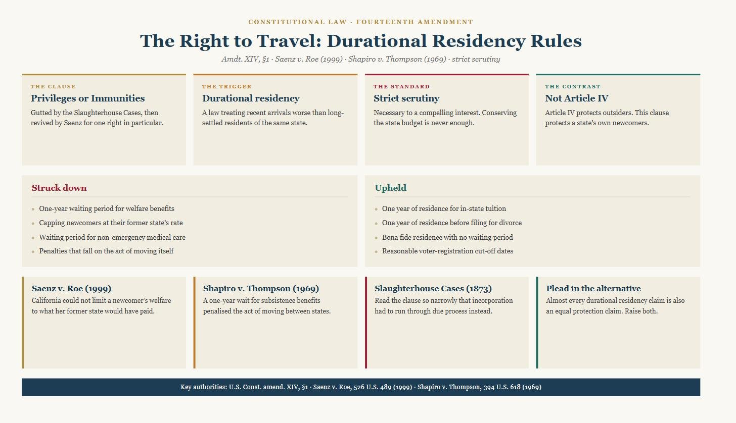 Diagram of the right to travel under the Fourteenth Amendment Privileges or Immunities Clause showing the durational residency trigger, strict scrutiny, and which waiting periods have been struck down or upheld