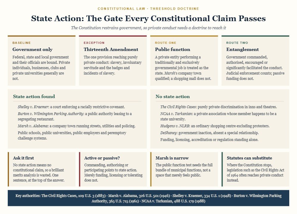 Diagram of the state action doctrine: cards on the government-only baseline, the Thirteenth Amendment exception, the public function route and the entanglement route, with panels contrasting cases finding state action such as Shelley v. Kraemer and Burton with cases finding none such as NCAA v. Tarkanian and Hudgens v. NLRB.