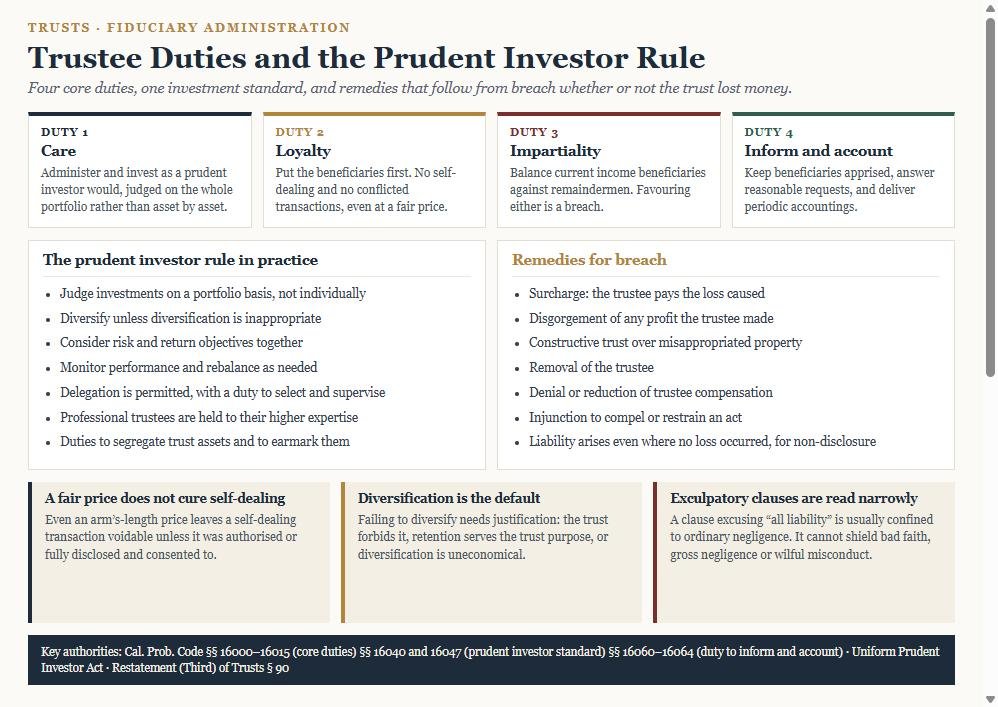 Diagram of trustee duties showing care, loyalty, impartiality and the duty to inform and account, with the prudent investor rule in practice and the remedies for breach