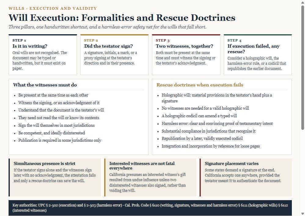Diagram of will execution requirements showing the writing, signature and two-witness pillars, what witnesses must do, the rescue doctrines when execution fails, and three common traps