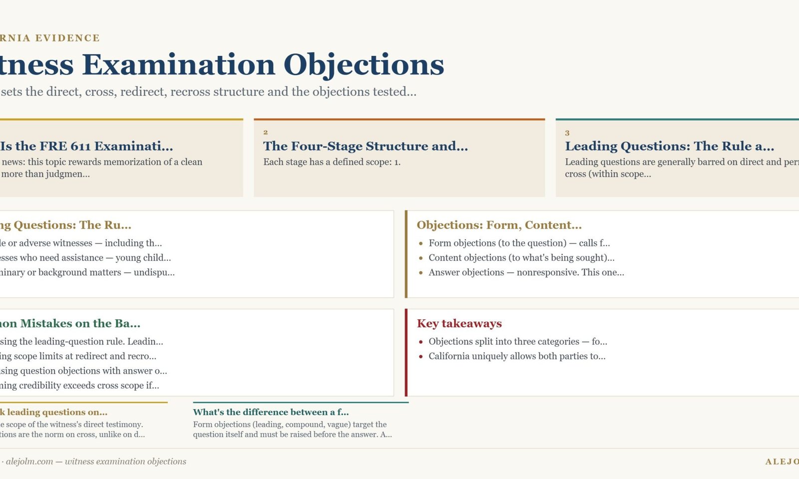 Diagram summarising witness examination objections under California and federal law