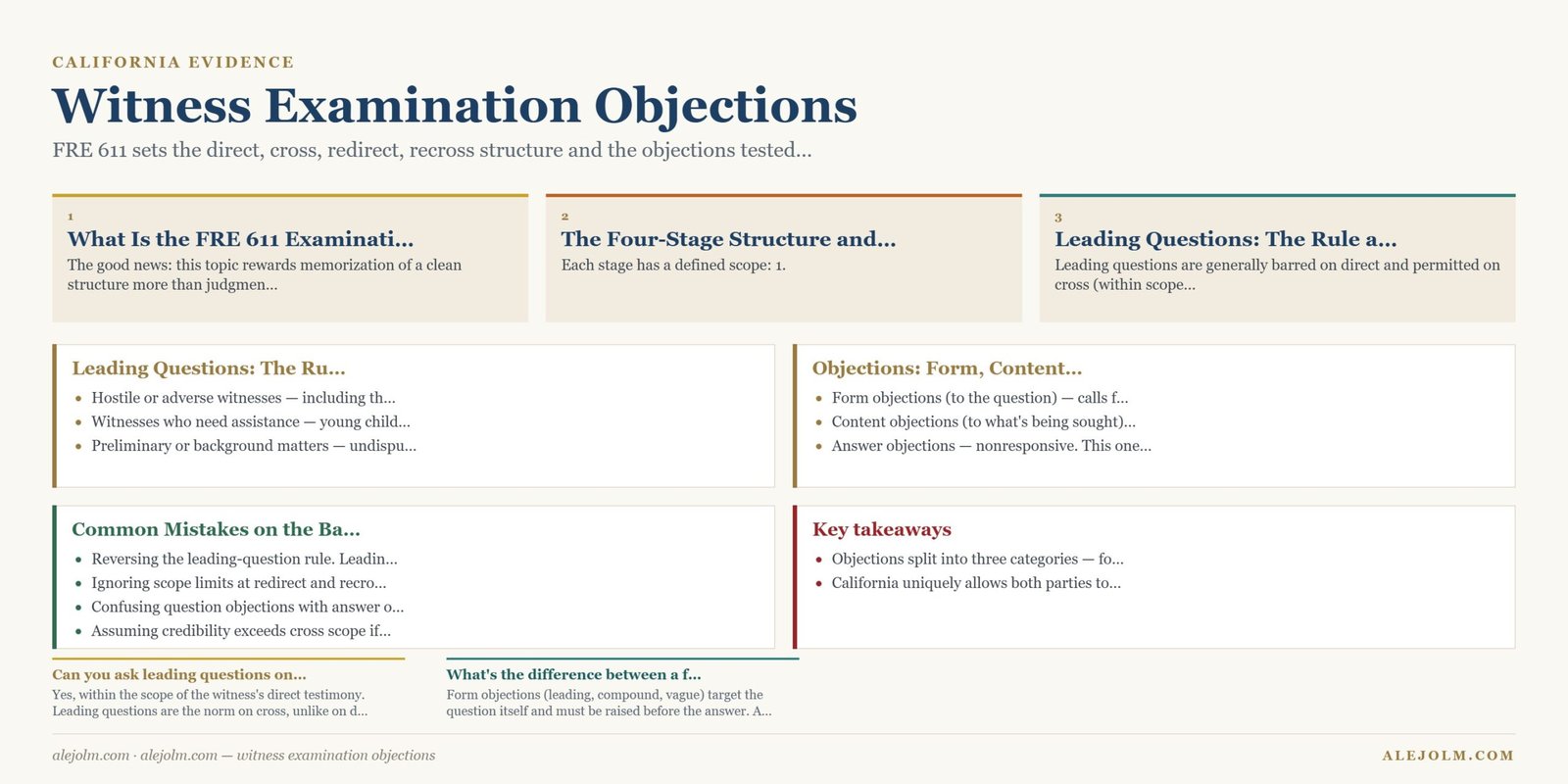 Diagram summarising witness examination objections under California and federal law